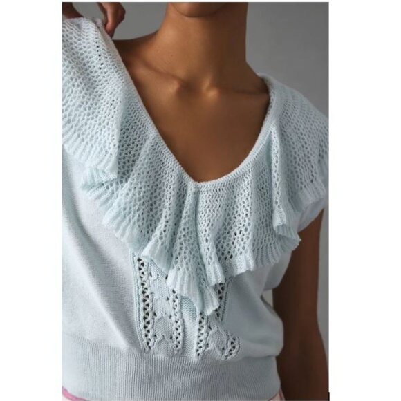 By Anthropologie Short-Sleeve Pointelle Sweater in Mint – Size Small - Picture 4 of 8